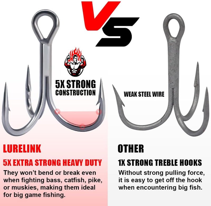 LURELINK Fishing-Treble-Hooks-5X-Extra-Strong-Heavy-Duty Ultra Anti-Rust Bulk Hooks for Saltwater and Freshwater Fishing Sizes 5/0 to #8 - Image 3